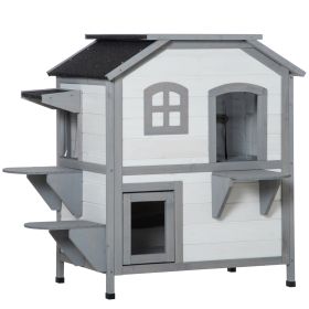 PawHut 2-story Cat House Outdoor, Weatherproof Wooden Cat Enclosure for Feral Cats with Escape Door, Openable Roof, Jumping Platforms, White